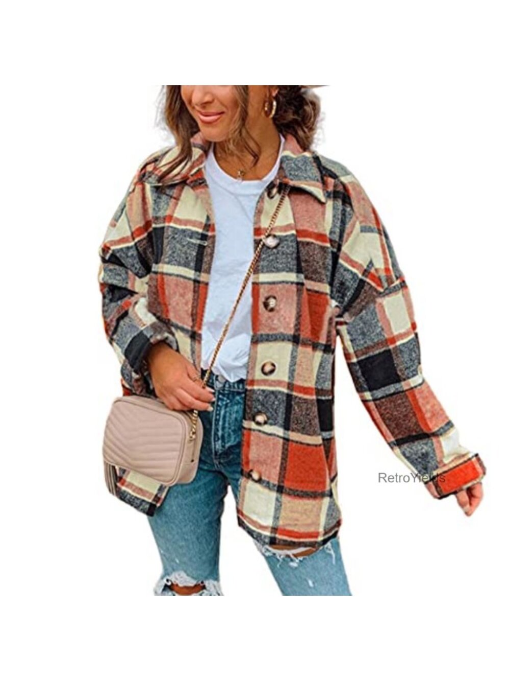 Casual Flannel Plaid Shacket Button Down Lapel Pocketed Jacket